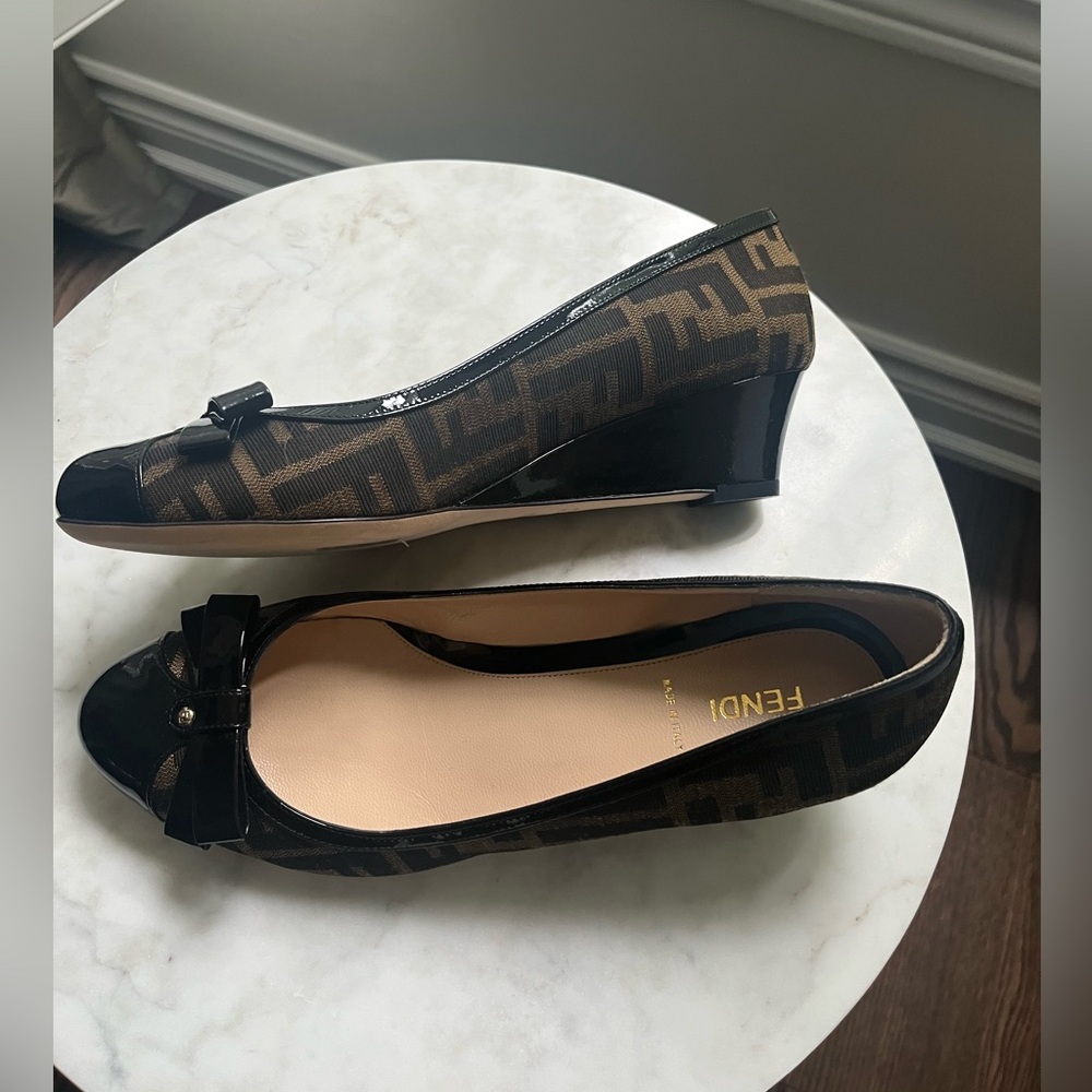 Fendi Black and Brown Zucca Patterned Low Wedges Size 40 New with Box